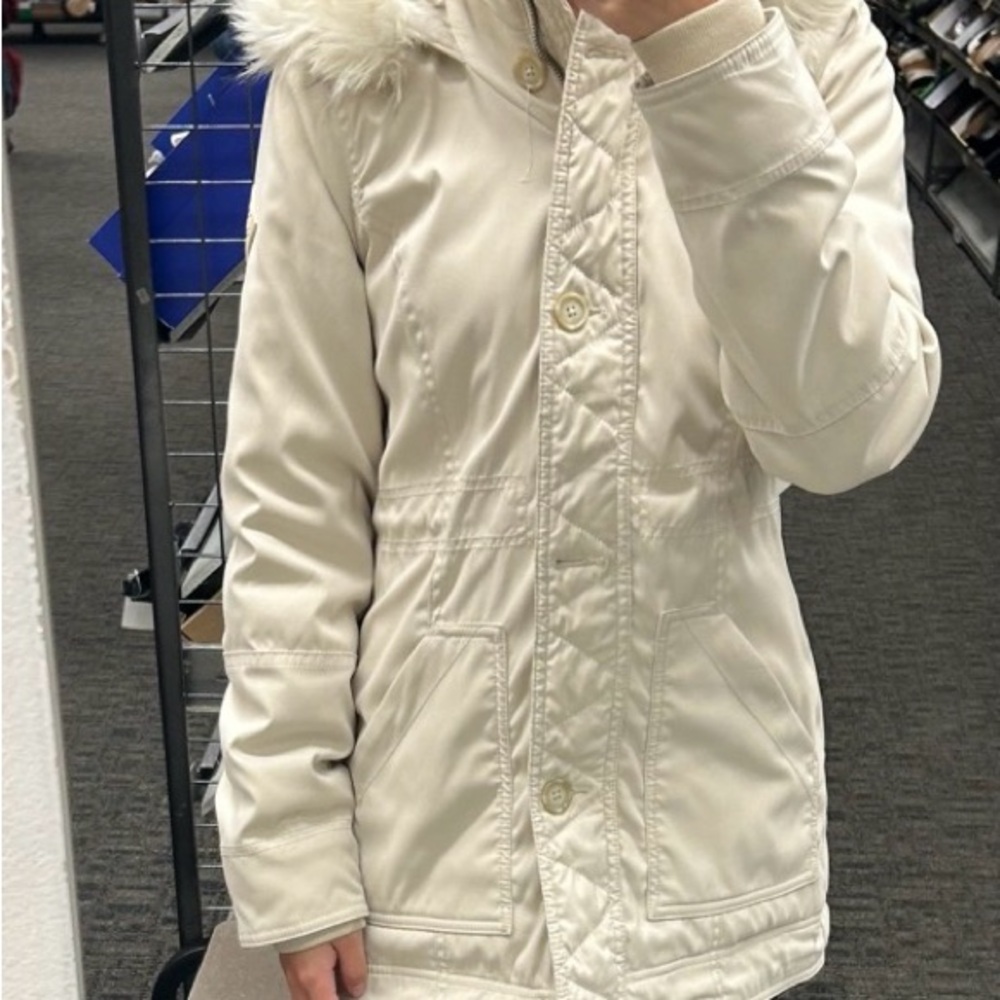 Hollister Cream Winter Jacket with Faux Fur Trim